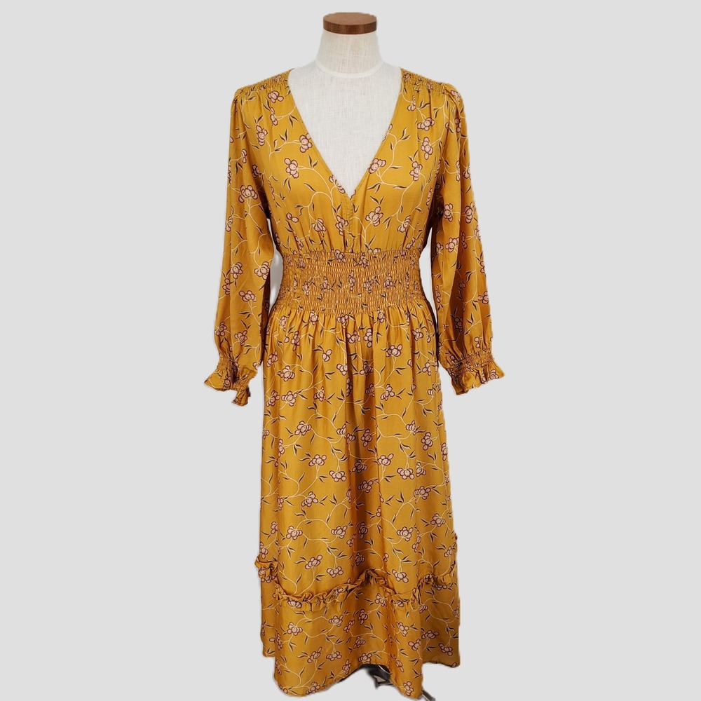 Outerknown Oceana Floral Smocked Waist Midi Dress Yellow Pink Long‎ Sleeve Small